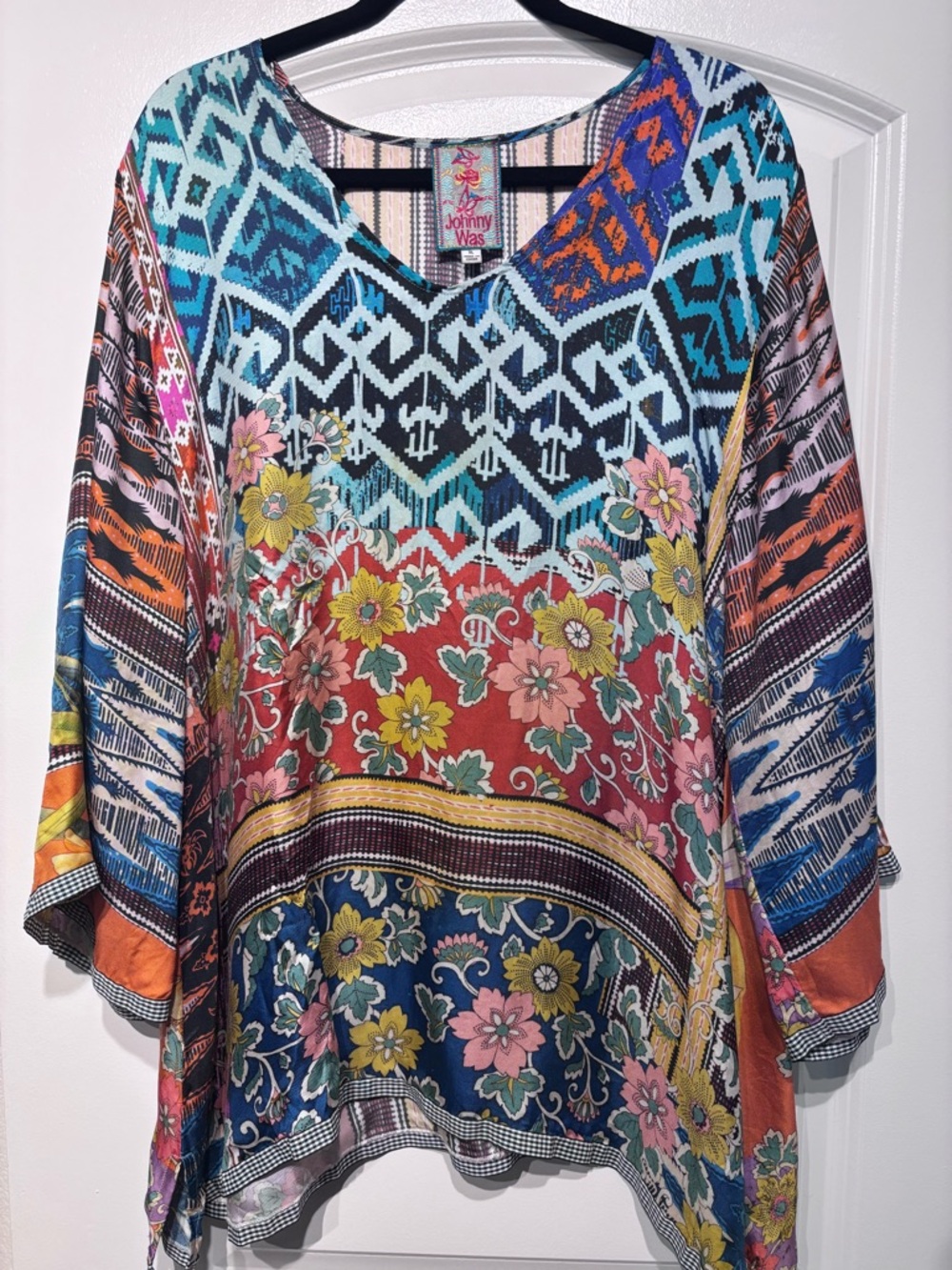 Johnny Was Silk Multicolor Floral & Geo V-Neck Tunic in Blue, Orange, Pink